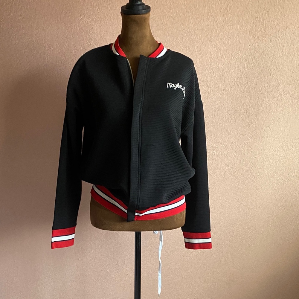 Zara Black Varsity Jacket with Red and White Trim